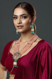 Gold-Plated Pink & Green Polki Designer Beaded Necklace
