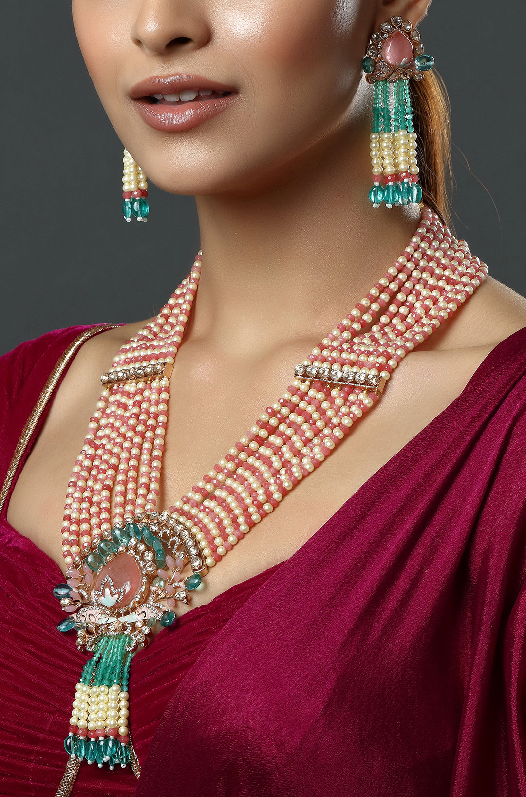 Gold-Plated Pink & Green Polki Designer Beaded Necklace