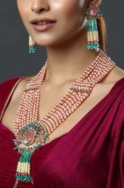 Gold-Plated Pink & Green Polki Designer Beaded Necklace