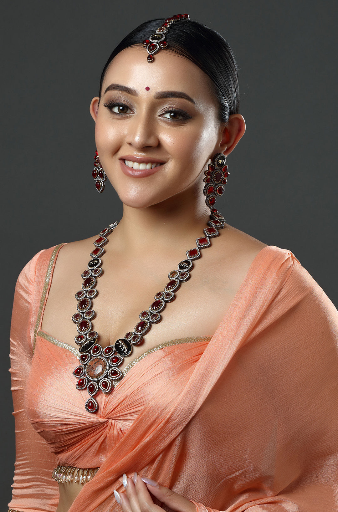 Exquisite Hand Crafted Bridal Red Moonstone Long Necklace with Maang Tika
