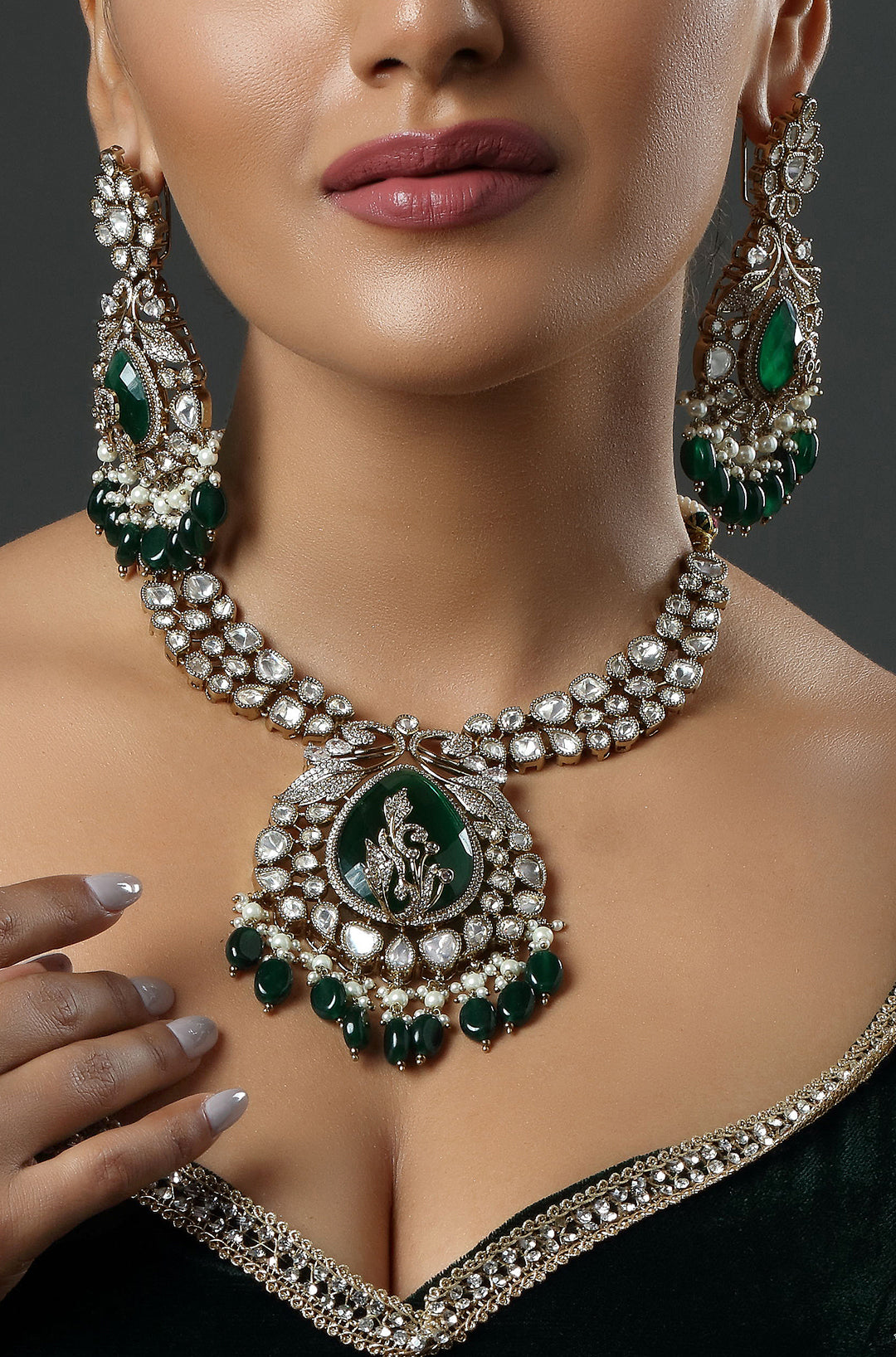 Green Moissanite Meenakari Necklace