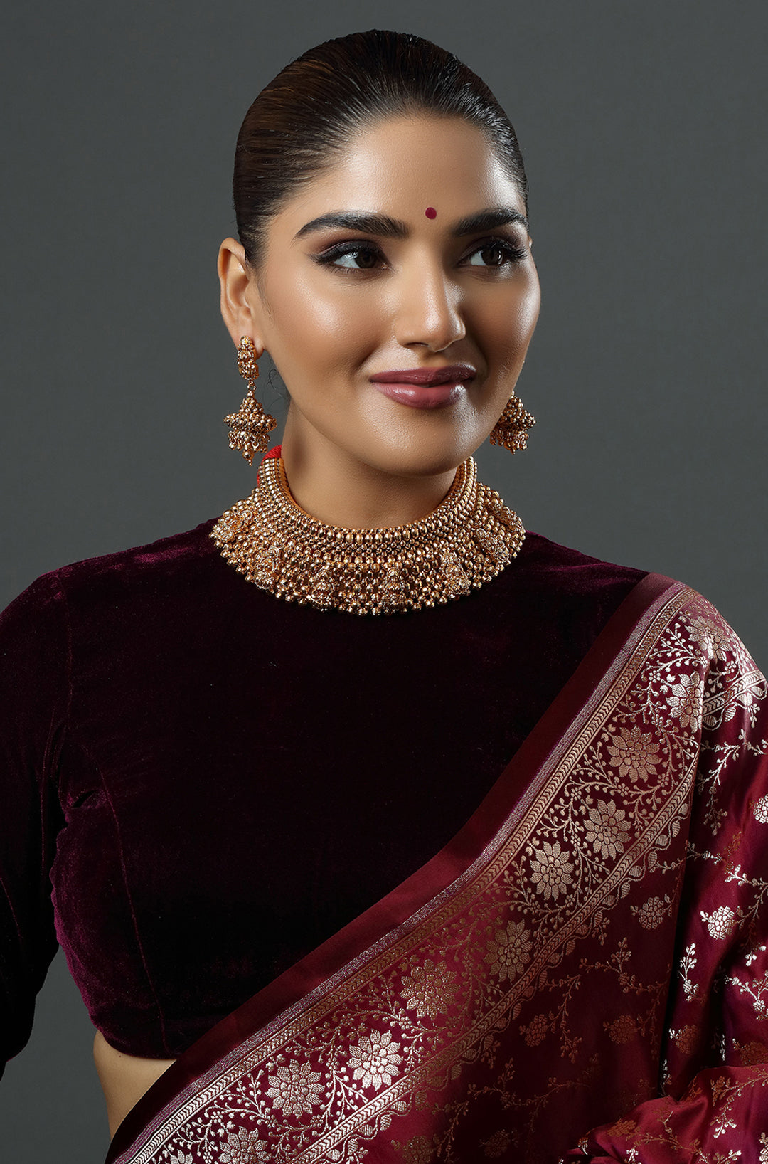 Gold Polish & Beaded Goddess Lakshmi Beautiful Temple Choker Necklace