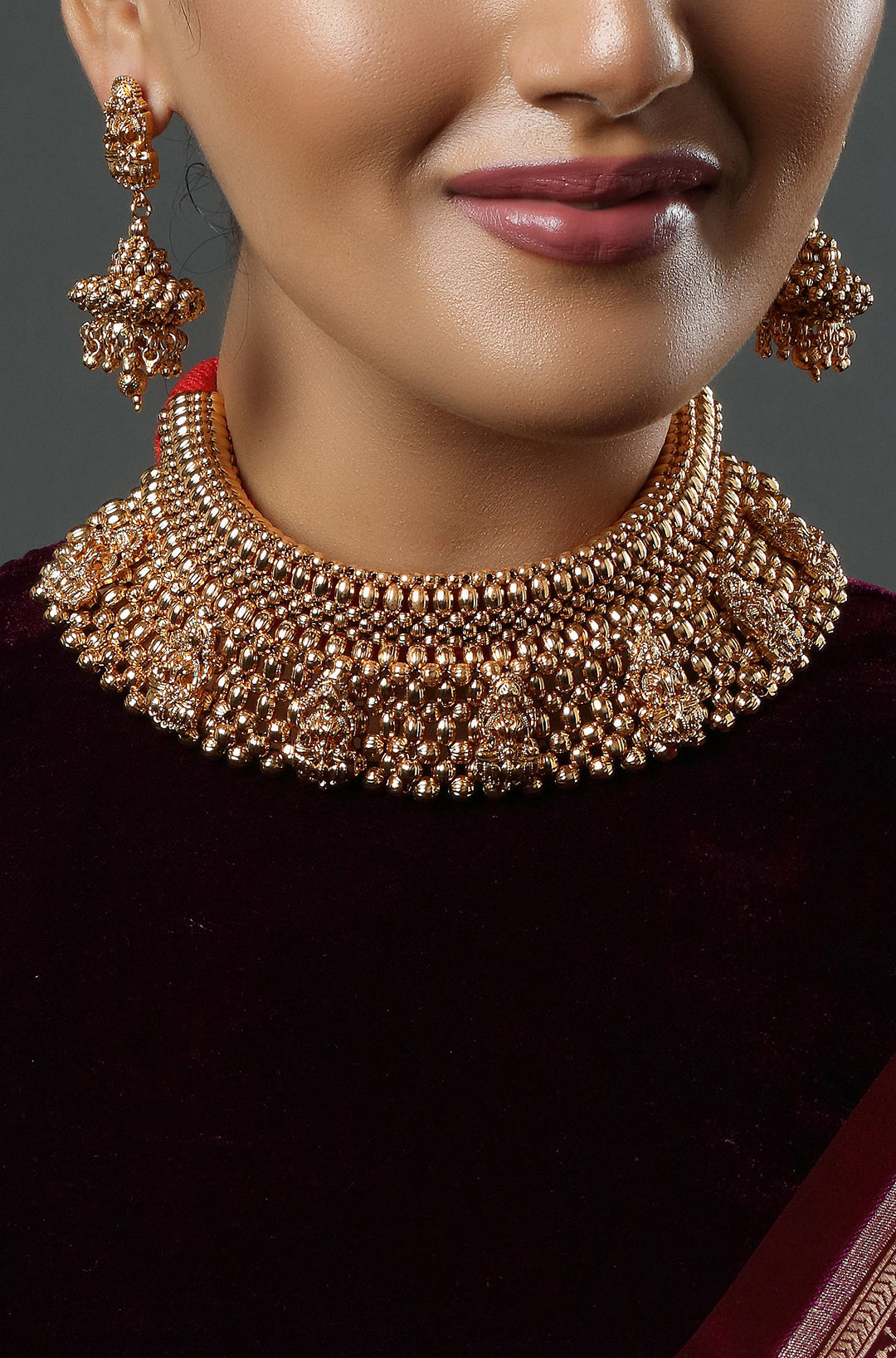 Gold Polish & Beaded Goddess Lakshmi Beautiful Temple Choker Necklace