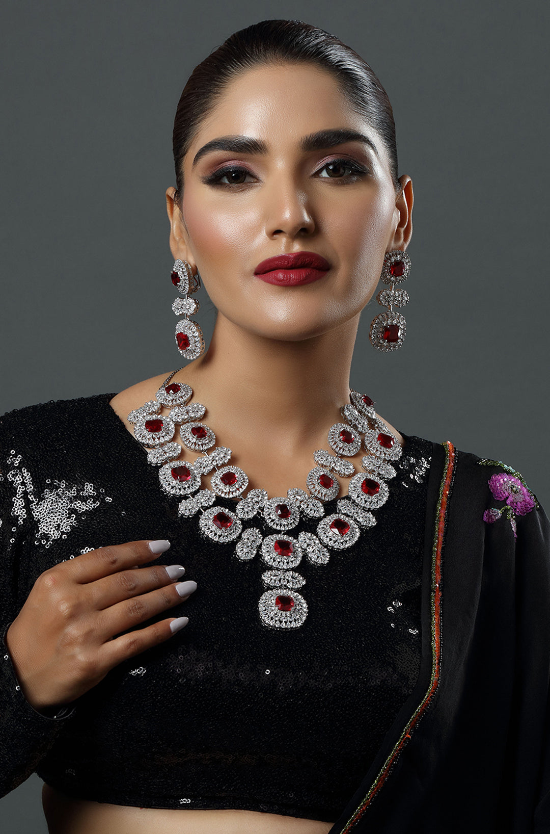 Sparkling Elegance Red Statement American Diamond Necklace