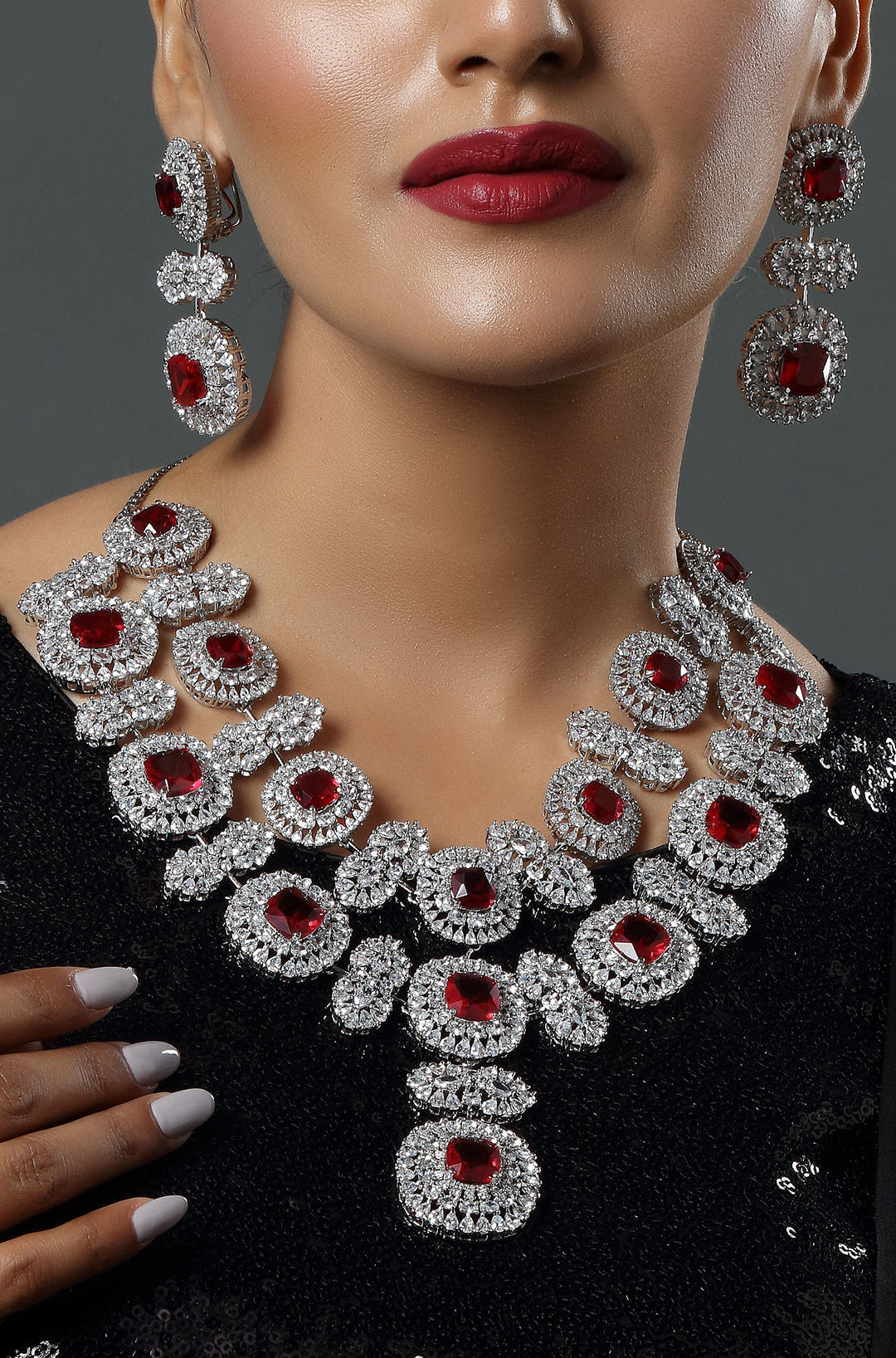 Sparkling Elegance Red Statement American Diamond Necklace