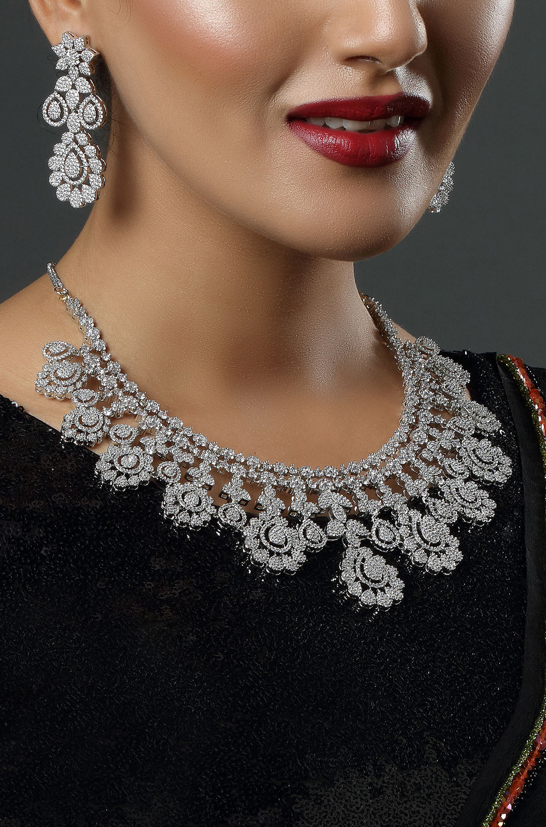 Floral Diamond-Inspired Necklace Set with Statement Earrings