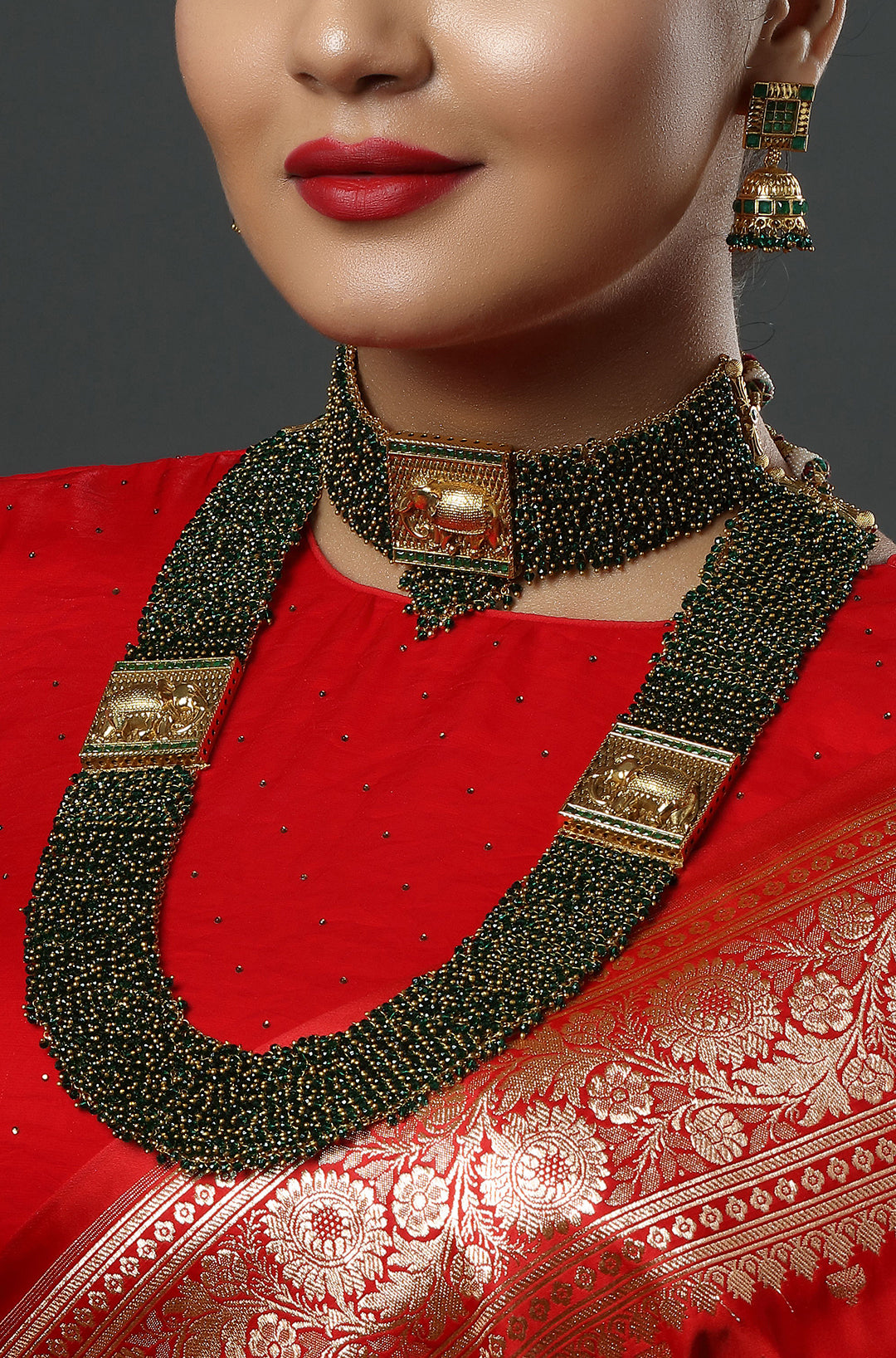 Green Gold Plated Elephant Embellished Long Necklace