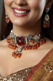 Gold Finish Natural Carved Stone Meenakari Choker Necklace