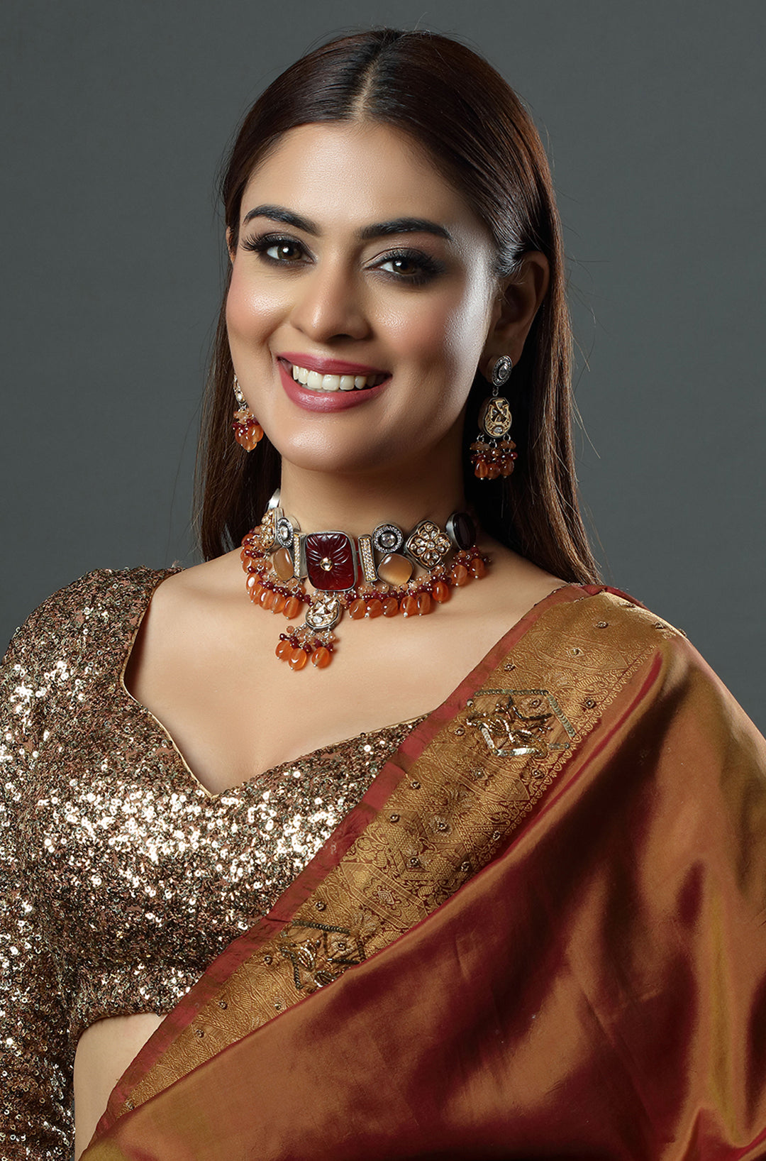 Gold Finish Natural Carved Stone Meenakari Choker Necklace