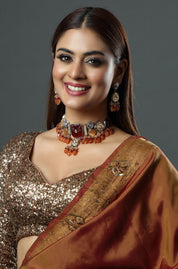 Gold Finish Natural Carved Stone Meenakari Choker Necklace