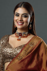 Gold Finish Natural Carved Stone Meenakari Choker Necklace