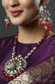 Victorian Stones Maroon Beads Kundan Polki Long Necklace With Peacock Pendant