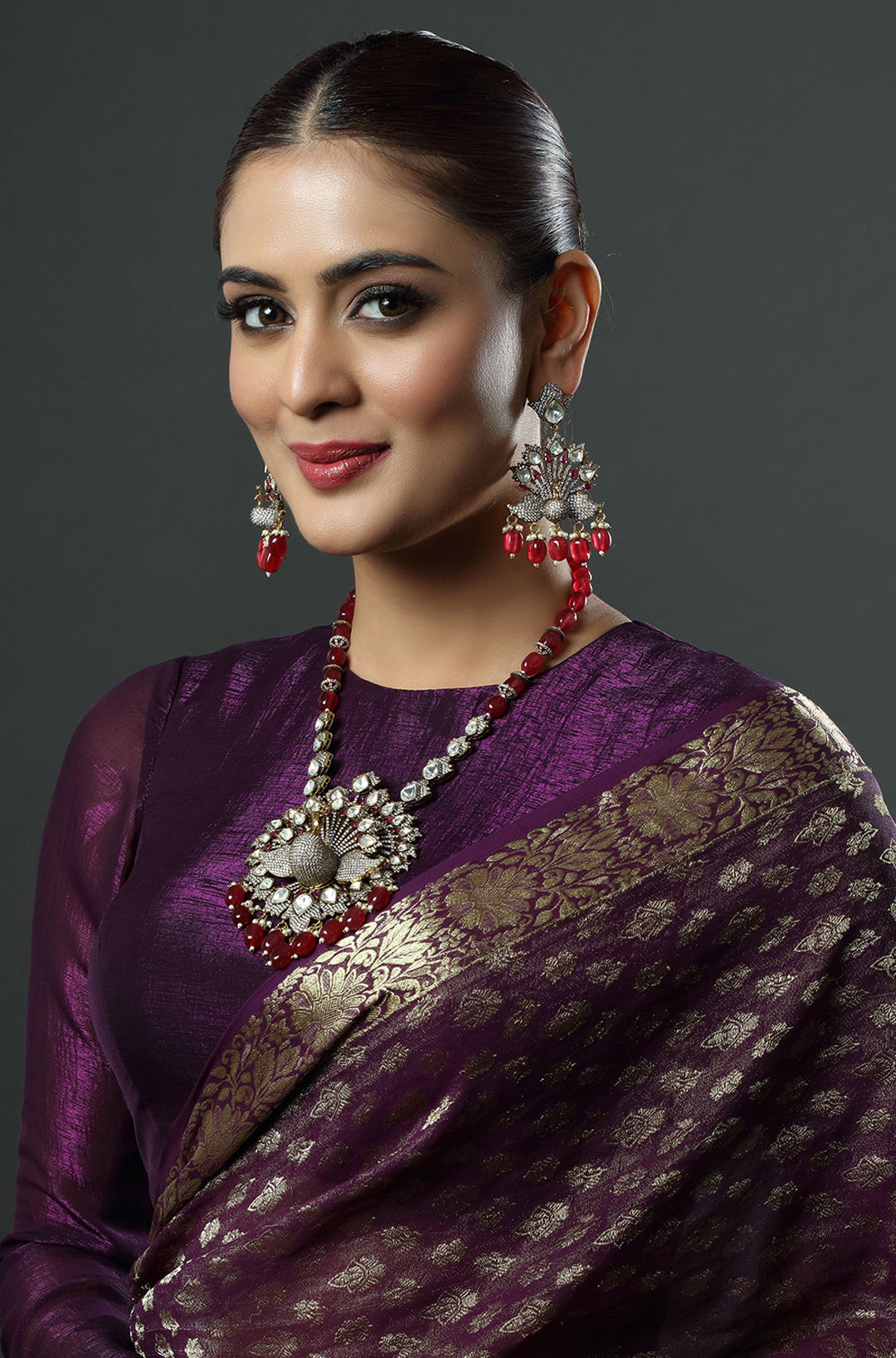 Victorian Stones Maroon Beads Kundan Polki Long Necklace With Peacock Pendant