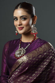 Victorian Stones Maroon Beads Kundan Polki Long Necklace With Peacock Pendant