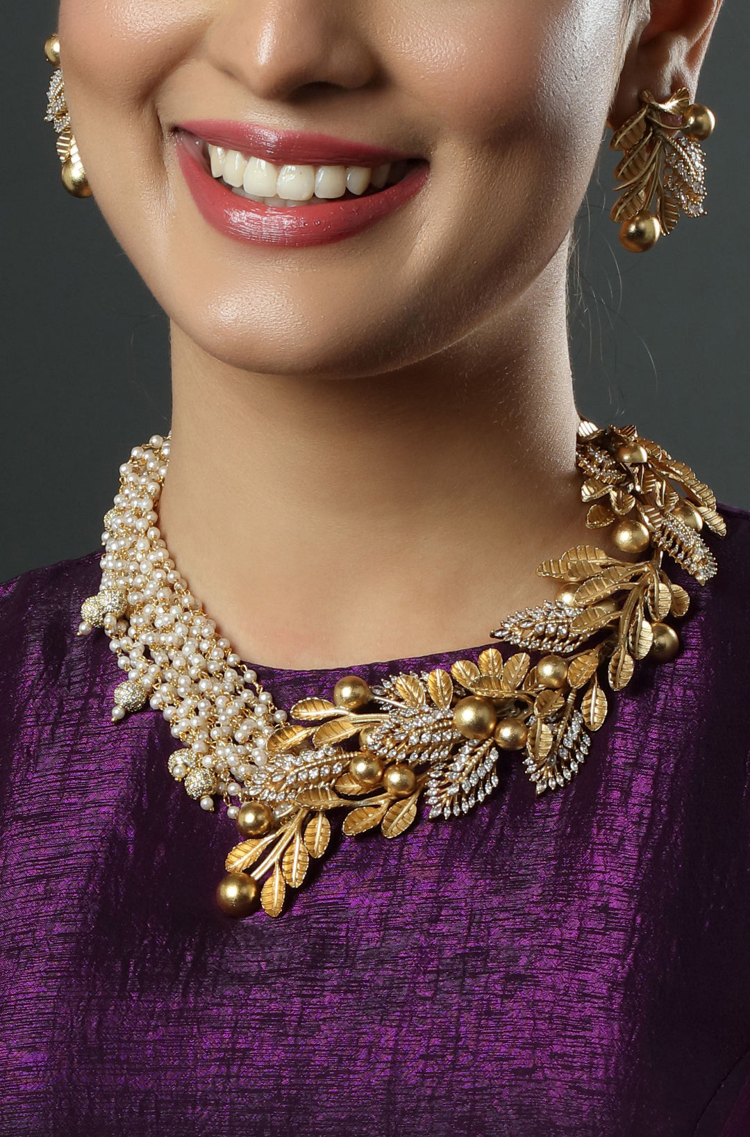 Golden Vine Pearl Statement Necklace Set