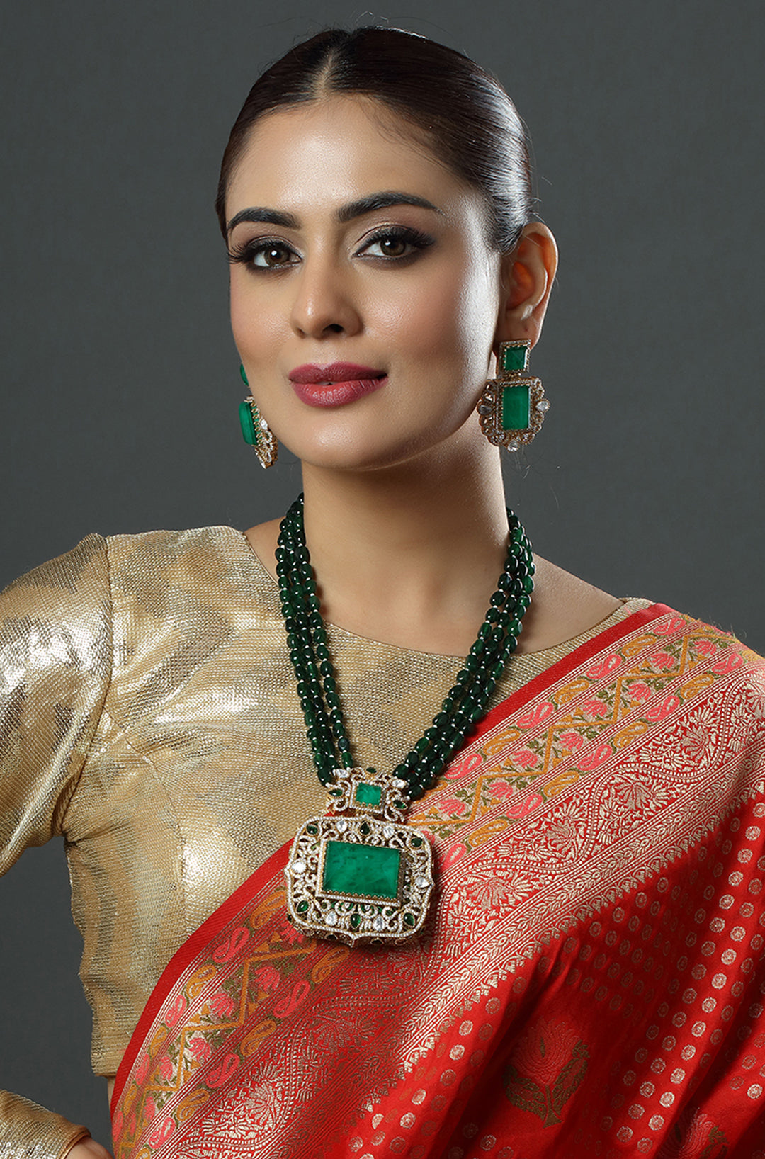 Beautiful Gold Tone CZ Emerald Multi Layer Designer Necklace