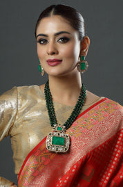 Beautiful Gold Tone CZ Emerald Multi Layer Designer Necklace