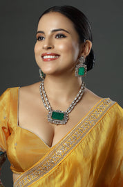 Emerald Green Stone Silver And Gold Kundan Necklace