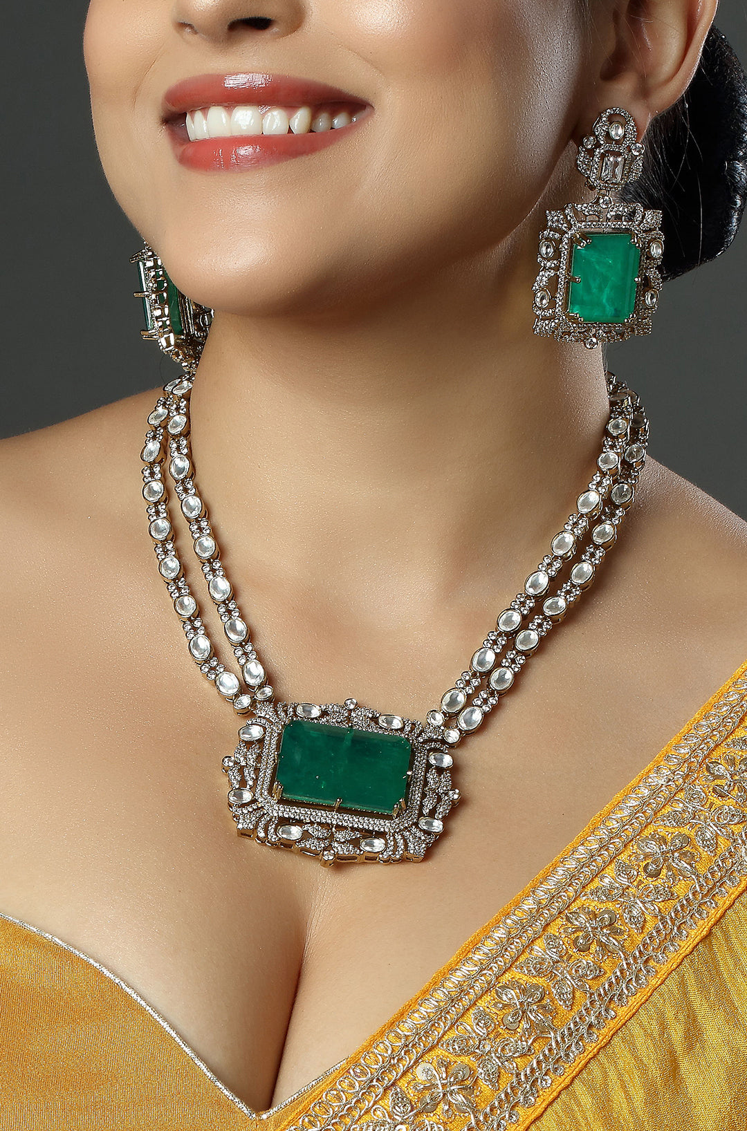 Emerald Green Stone Silver And Gold Kundan Necklace