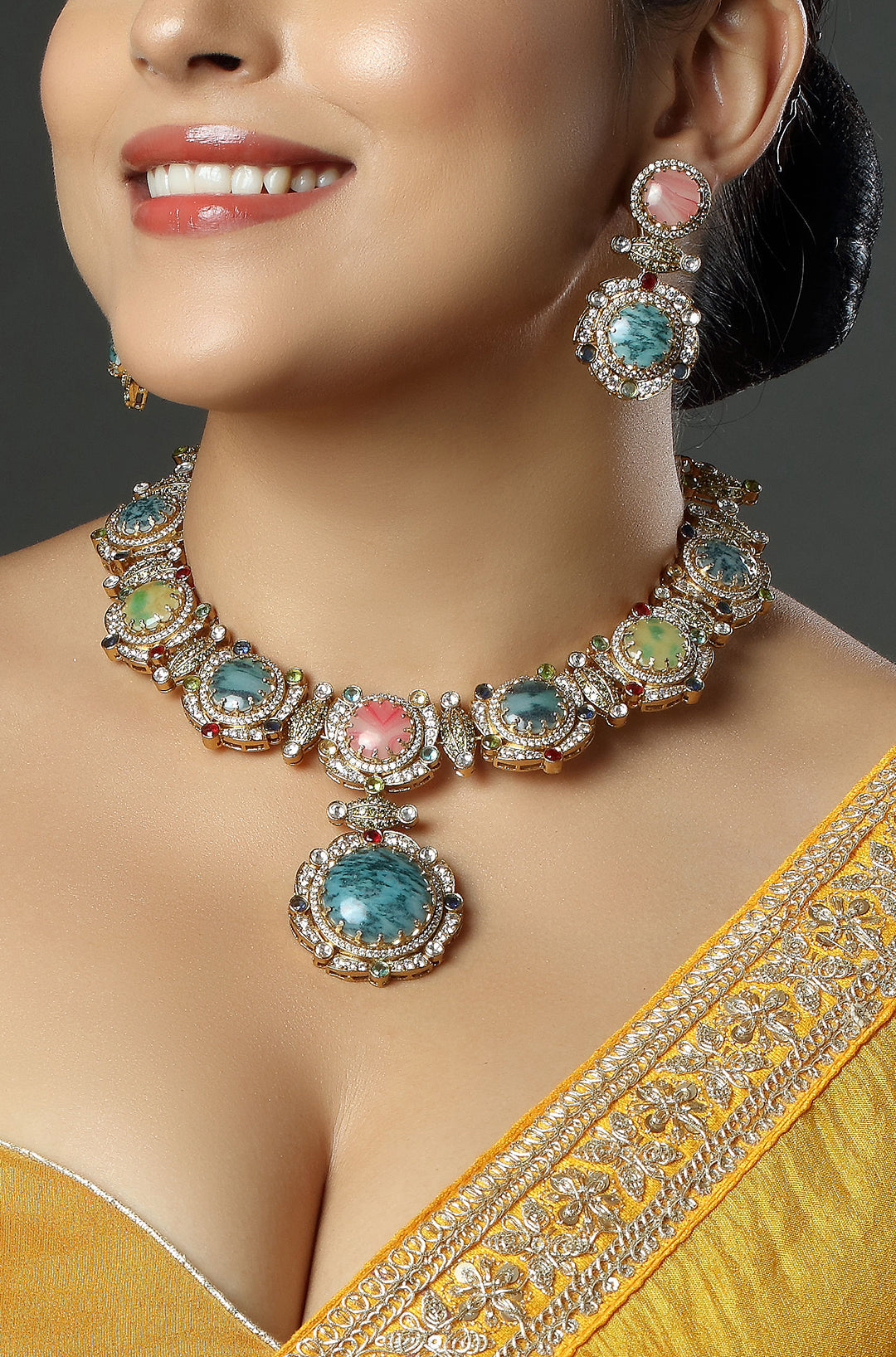 Aqua & Pink Cabochon Necklace