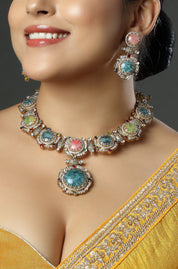 Aqua & Pink Cabochon Necklace