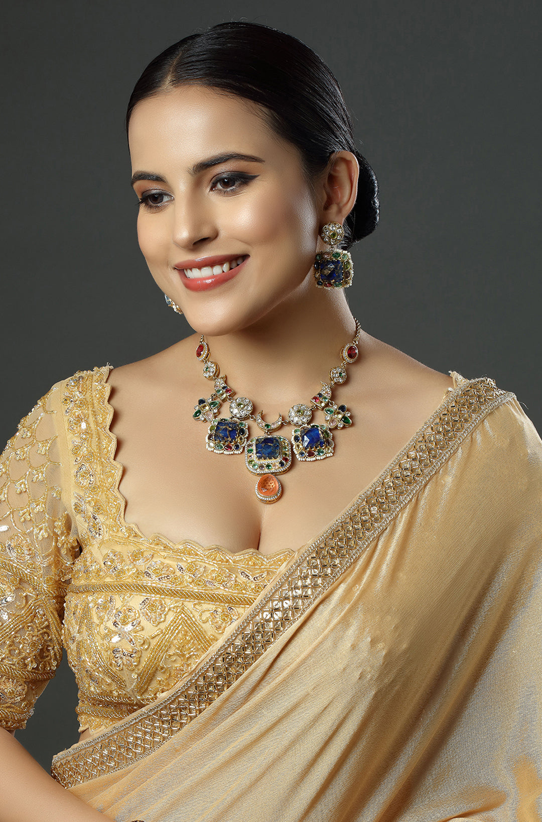 Royal Blue & Multi-Gem Mughal Squares Necklace