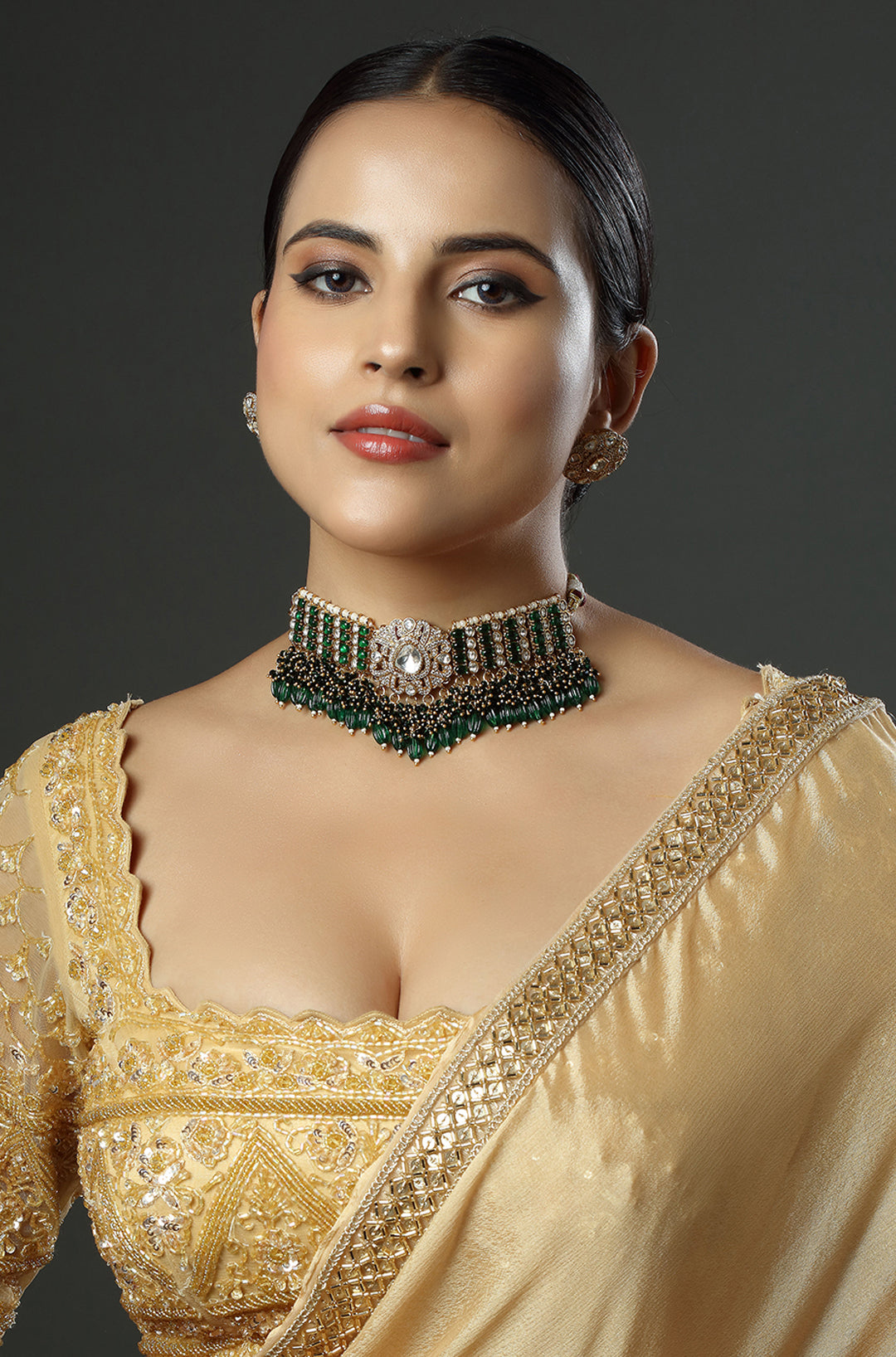 Kundan Florets & Emerald Drops Choker Necklace