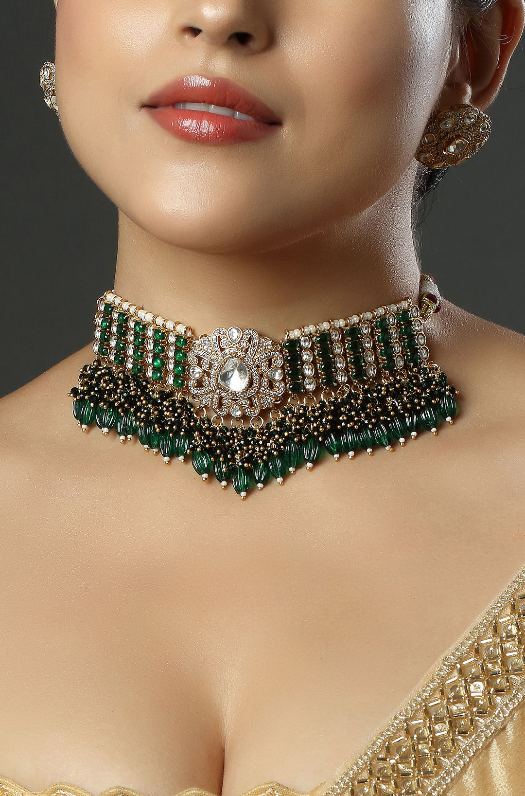 Kundan Florets & Emerald Drops Choker Necklace