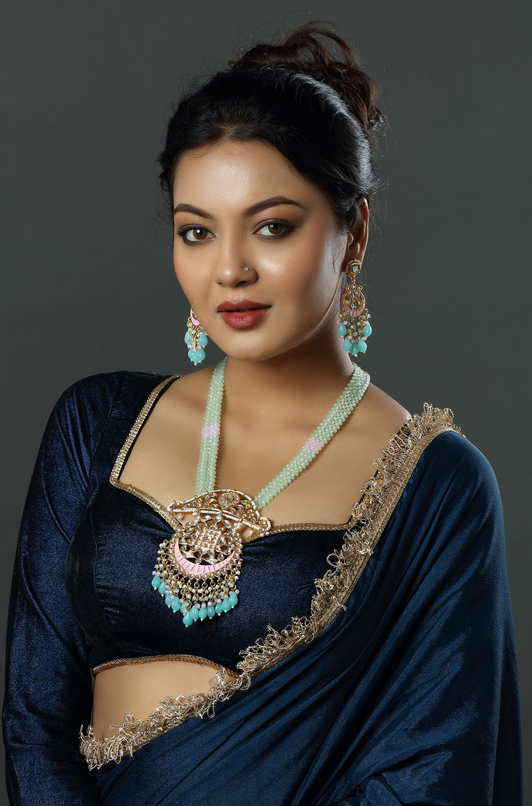 The Crescent Mint & Blush Meenakari Long Drop Necklace