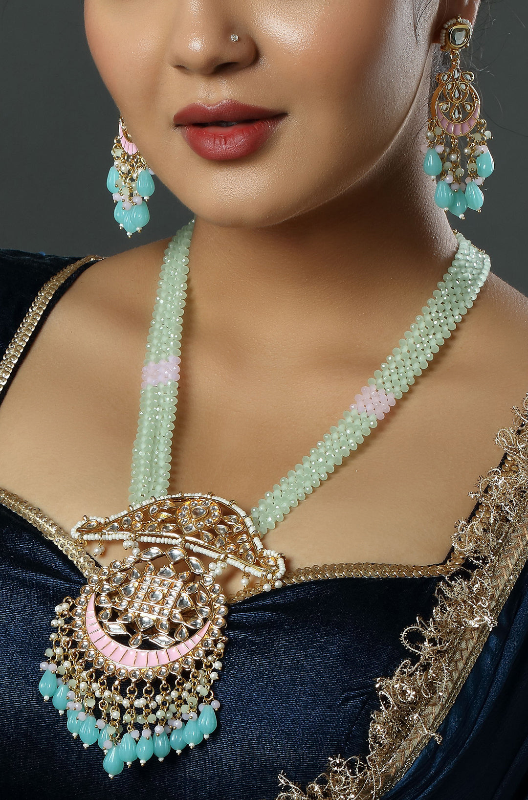 The Crescent Mint & Blush Meenakari Long Drop Necklace