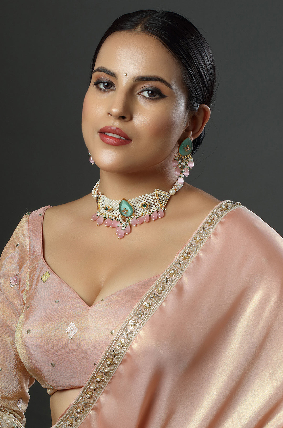 Teal Blossom & Pink Petal Pearl Choker Necklace