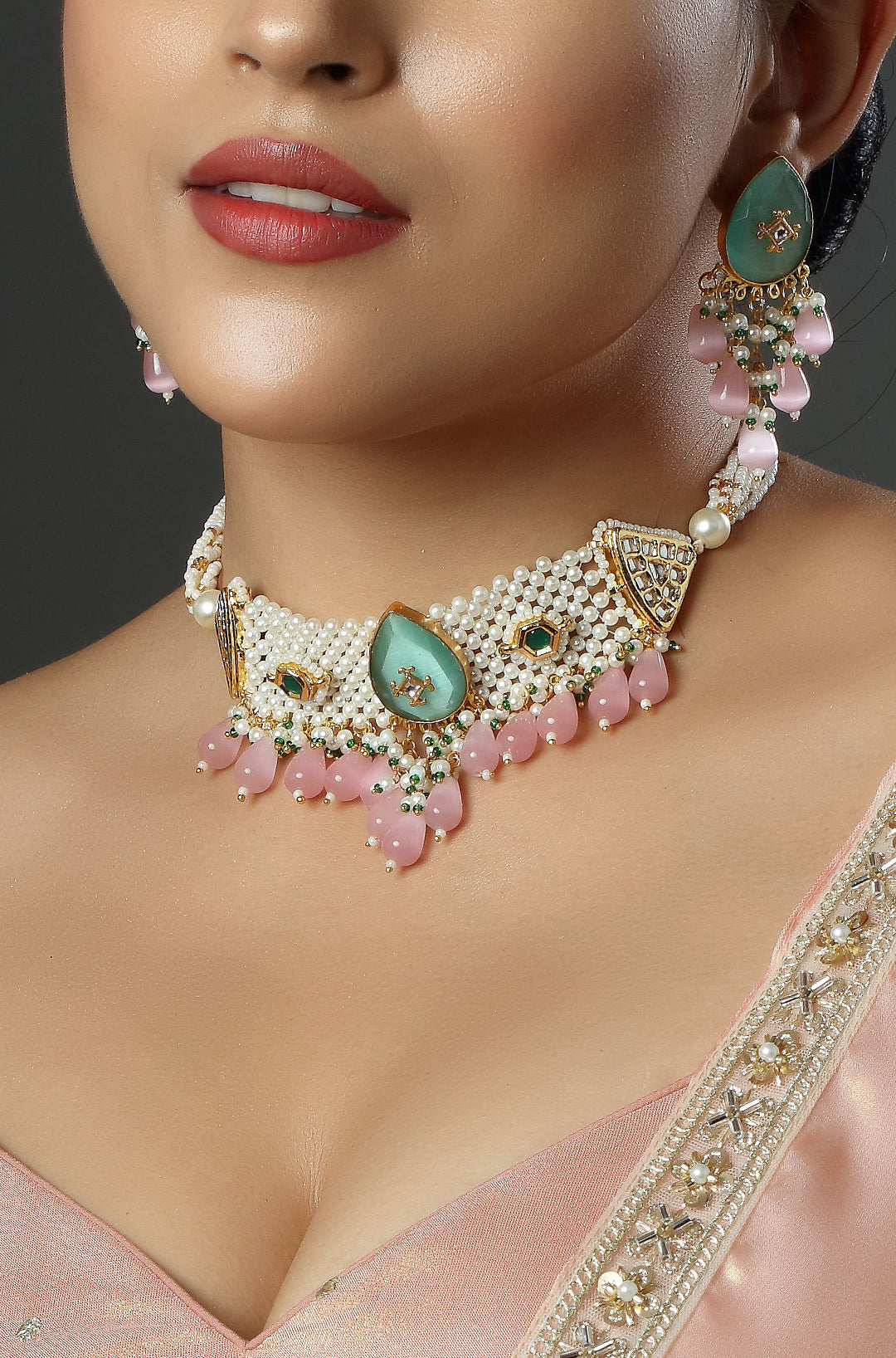 Teal Blossom & Pink Petal Pearl Choker Necklace