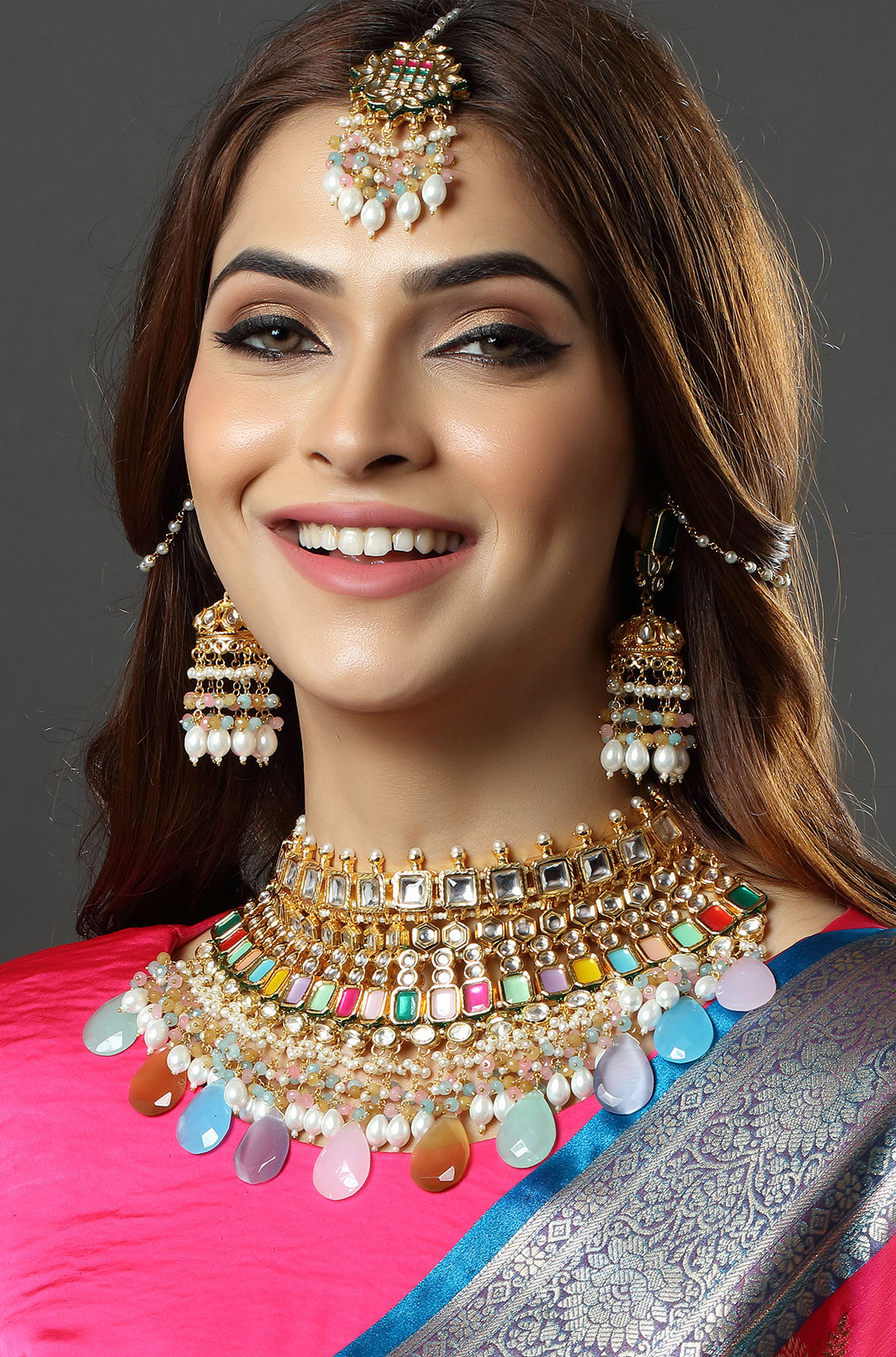 Pastel Rainbow Jadau Ensemble Choker Necklace