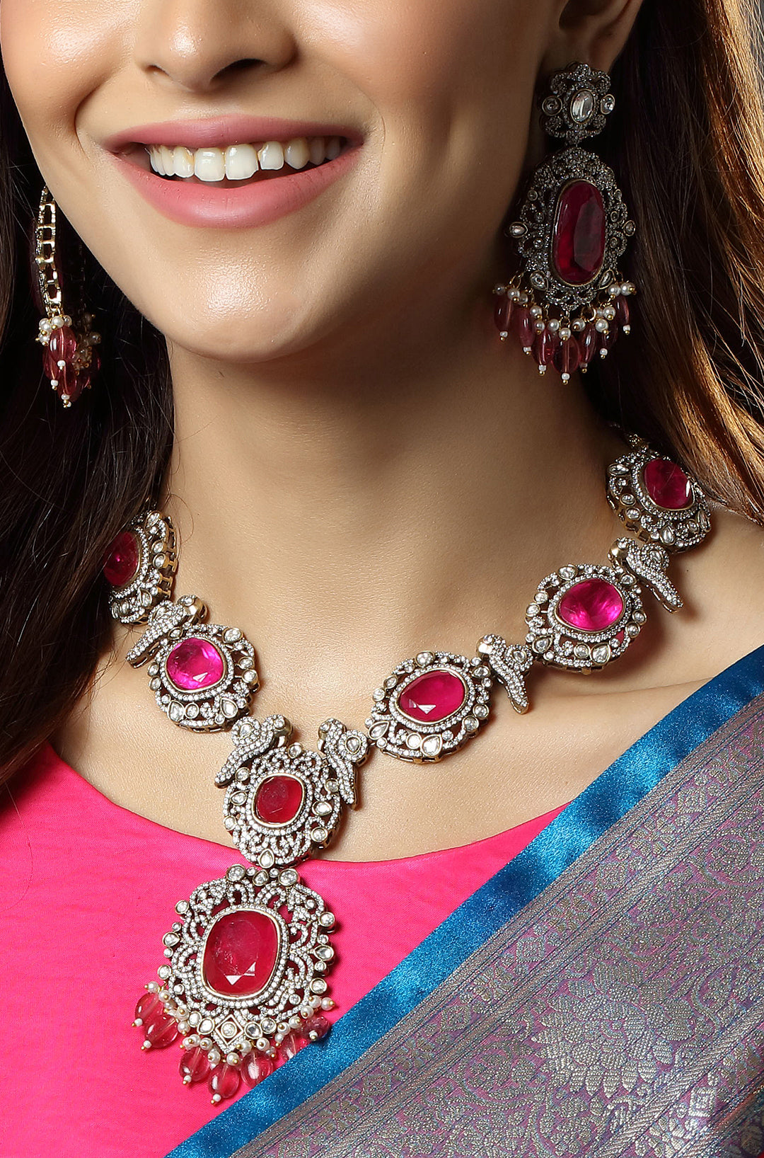 White Rhodium Finish Necklace With Pink Diamonds