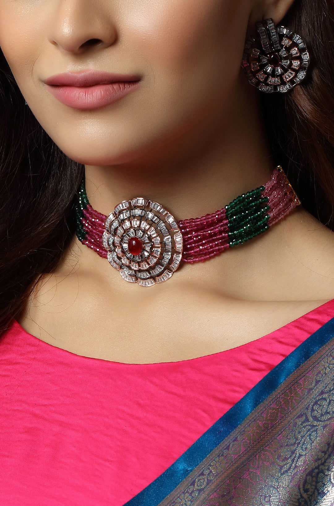 Silver Plated Ruby Red Studded Beaded Choker Necklace