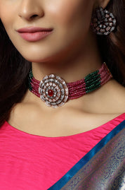 Silver Plated Ruby Red Studded Beaded Choker Necklace