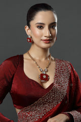 Gold Finish Kundan & Ruby Red Stone Meenakari Necklace
