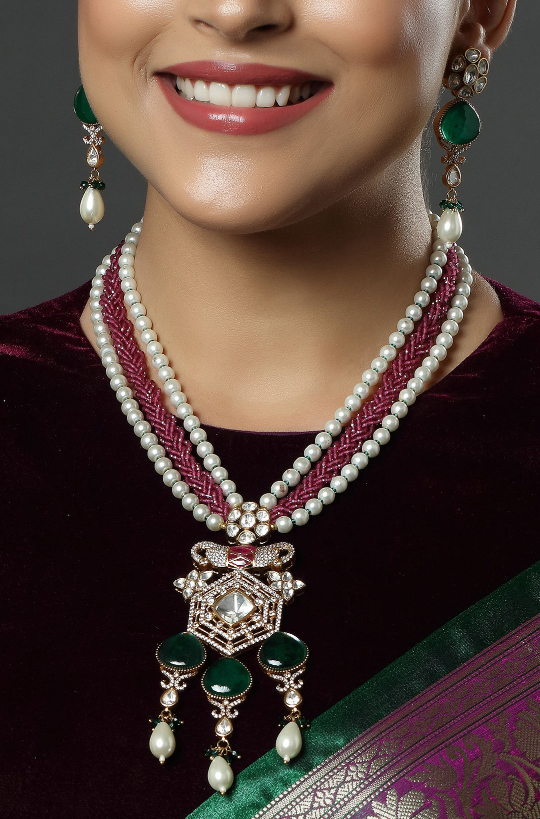 White Pearl & Pink Beaded Polki Necklace