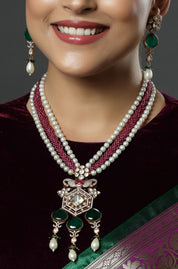 White Pearl & Pink Beaded Polki Necklace