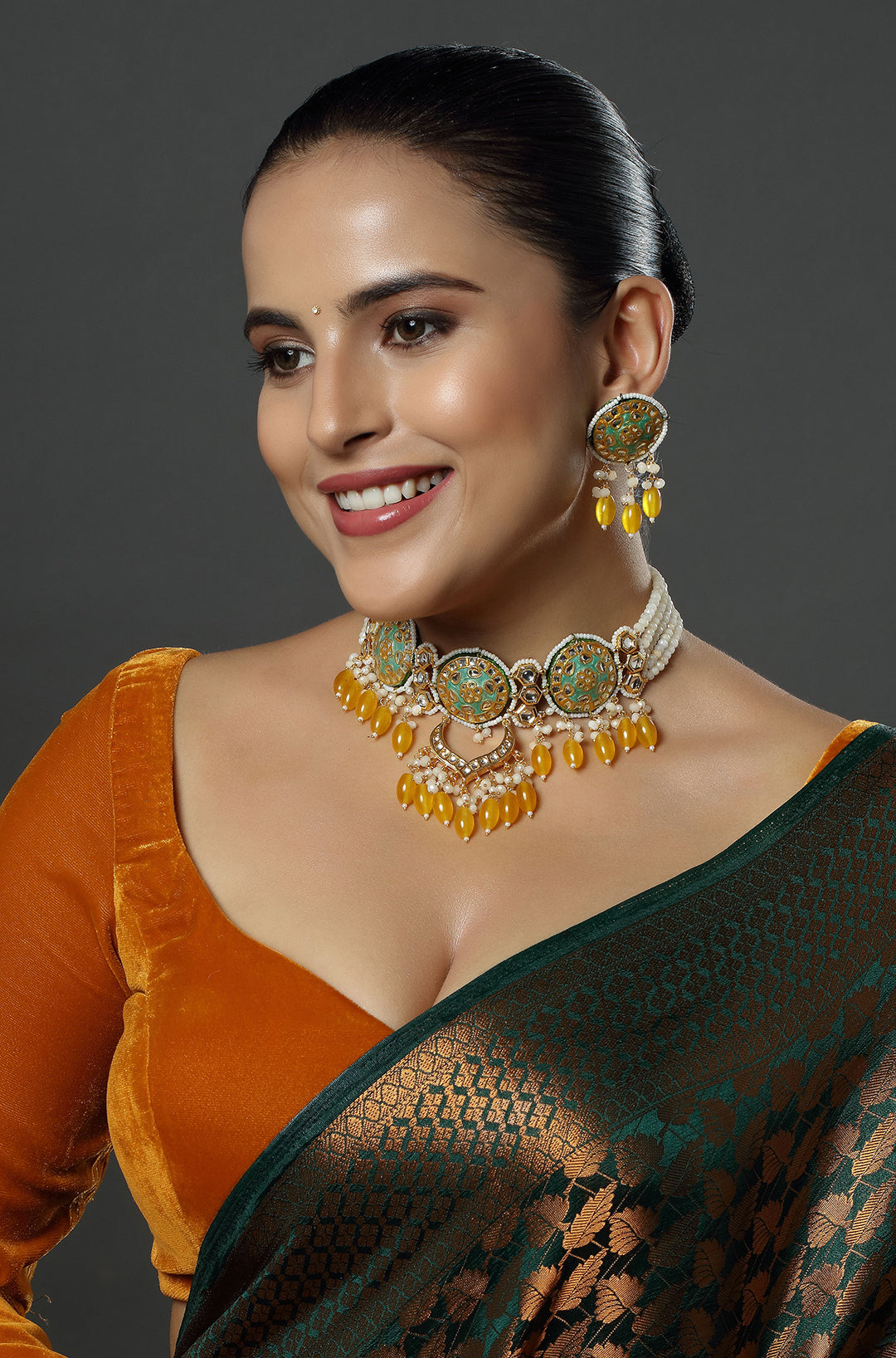 Gold-Plated Stone, Polki Studded & Beaded Necklace