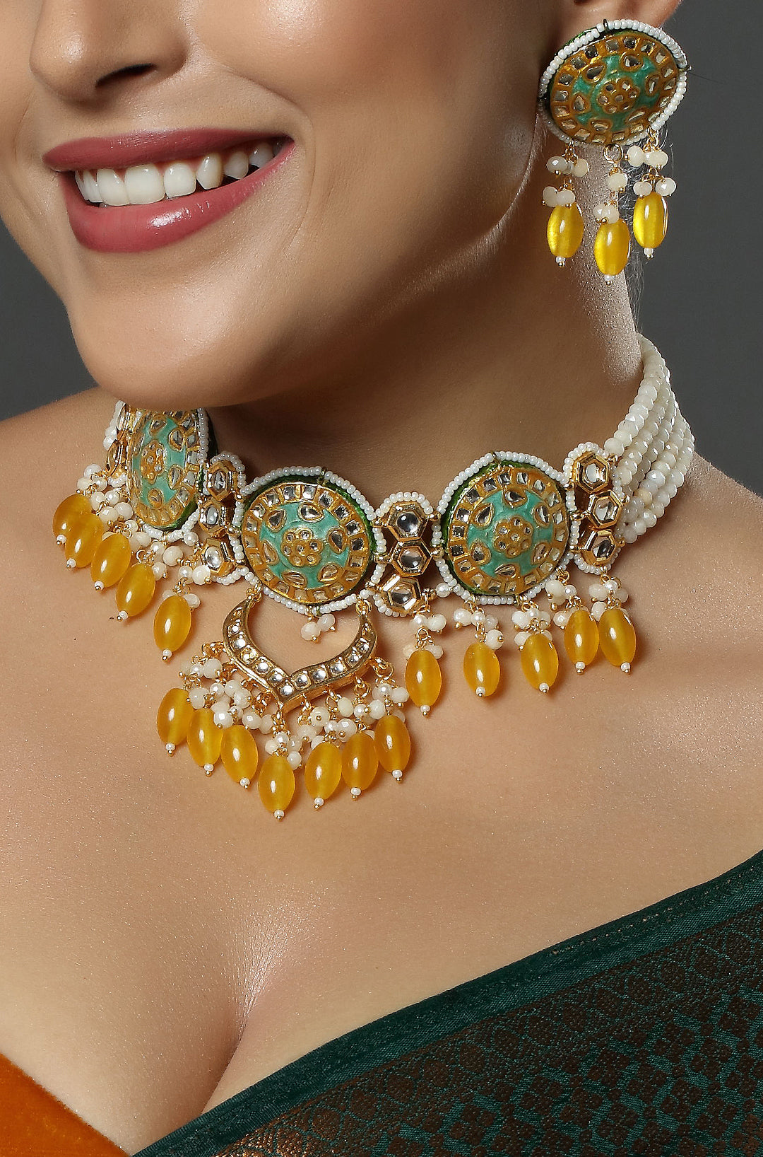 Gold-Plated Stone, Polki Studded & Beaded Necklace