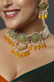 Gold-Plated Stone, Polki Studded & Beaded Necklace