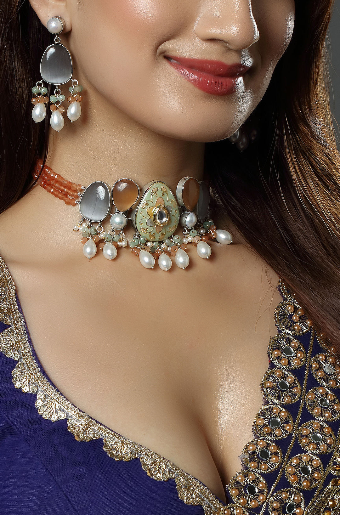 Exquisite Grey & Orange Moissanite Beaded Choker Necklace