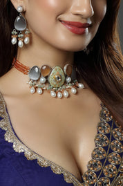 Exquisite Grey & Orange Moissanite Beaded Choker Necklace