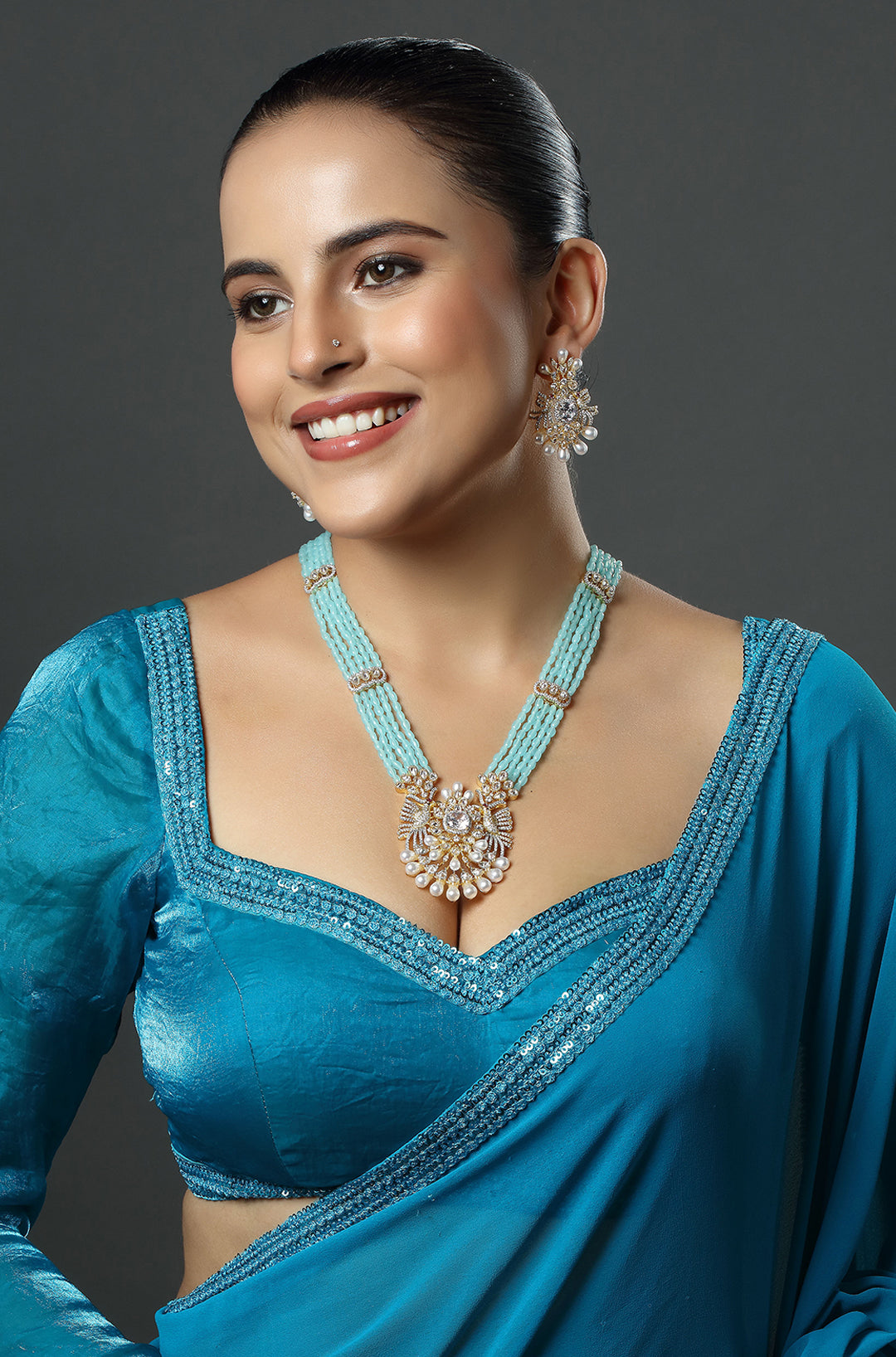 Sky Blue Stone Studded Floral Necklace
