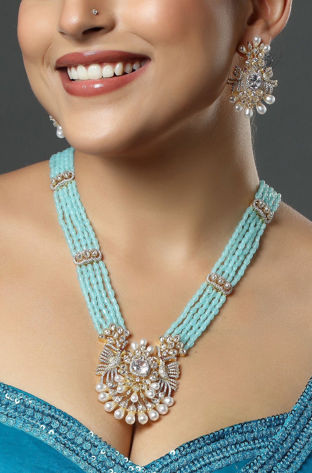 Sky Blue Stone Studded Floral Necklace
