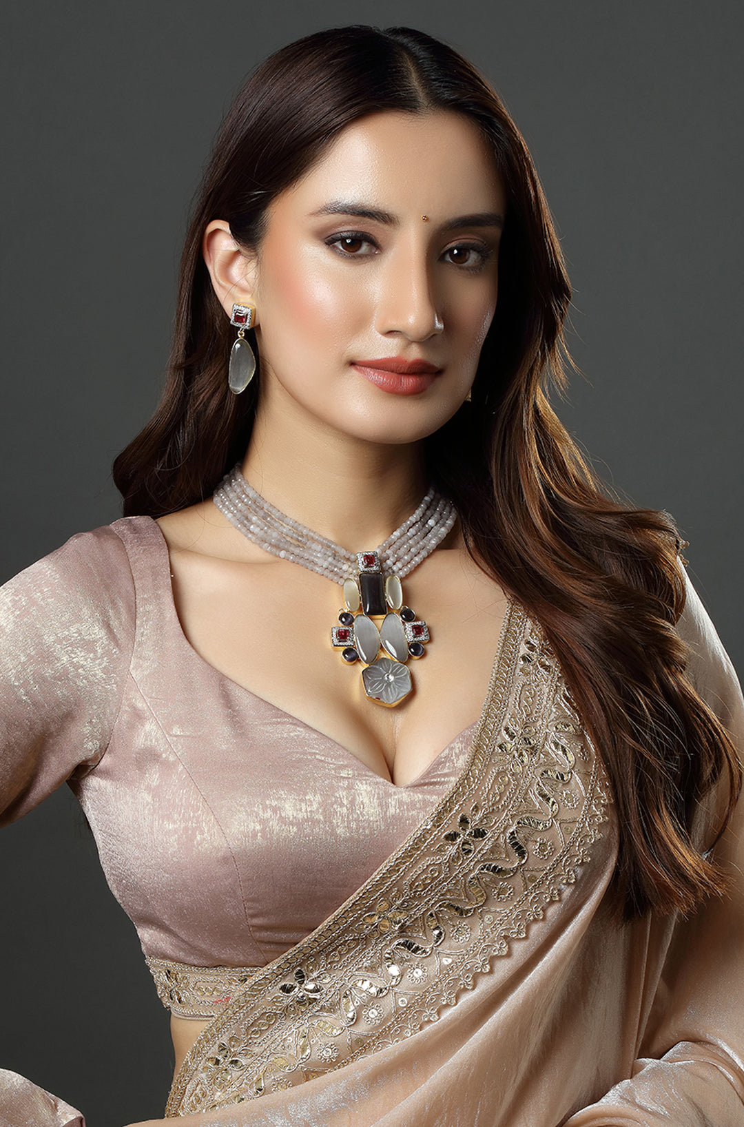Gold Finish Natural Carved Stone Necklace
