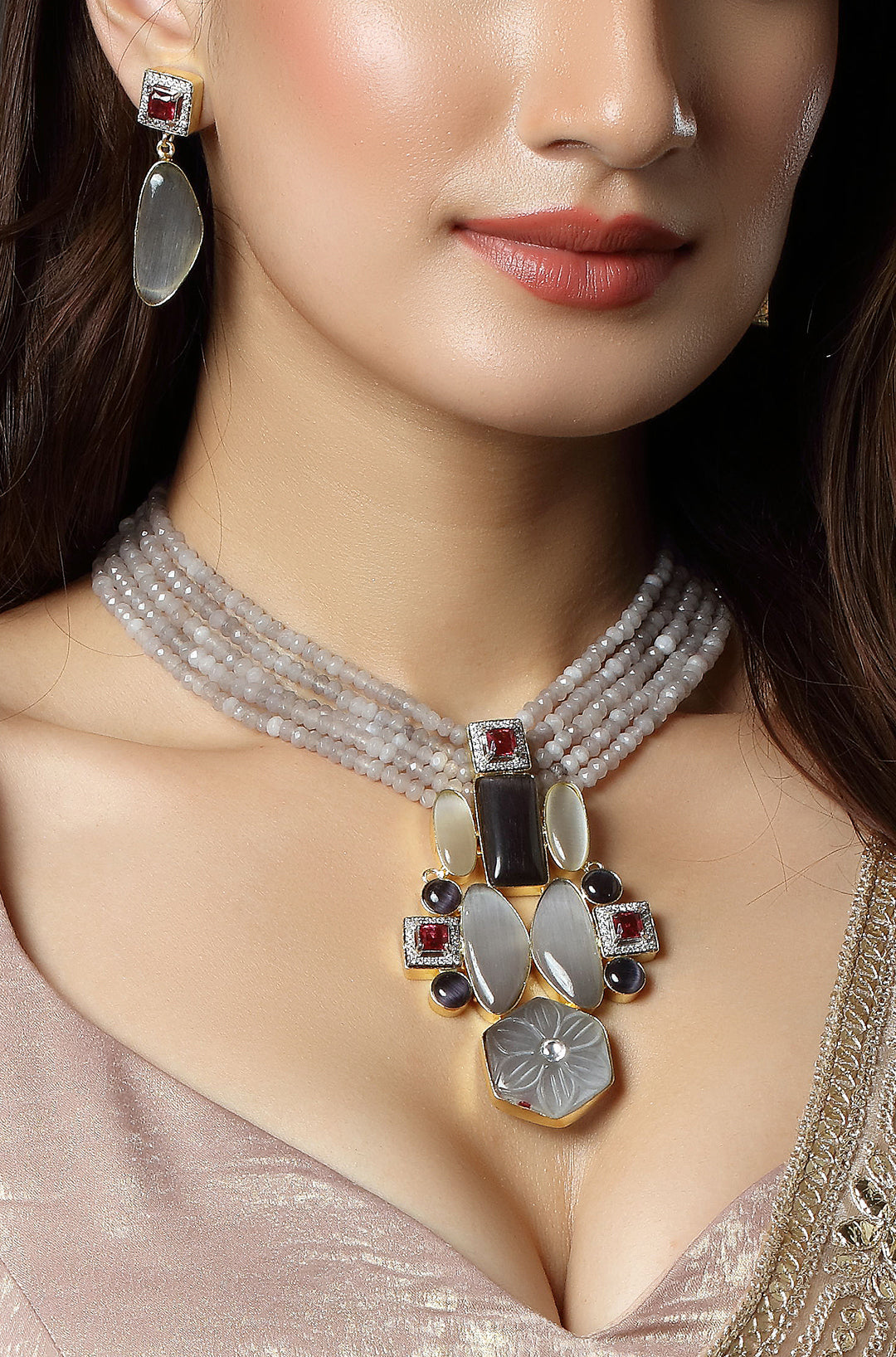 Gold Finish Natural Carved Stone Necklace