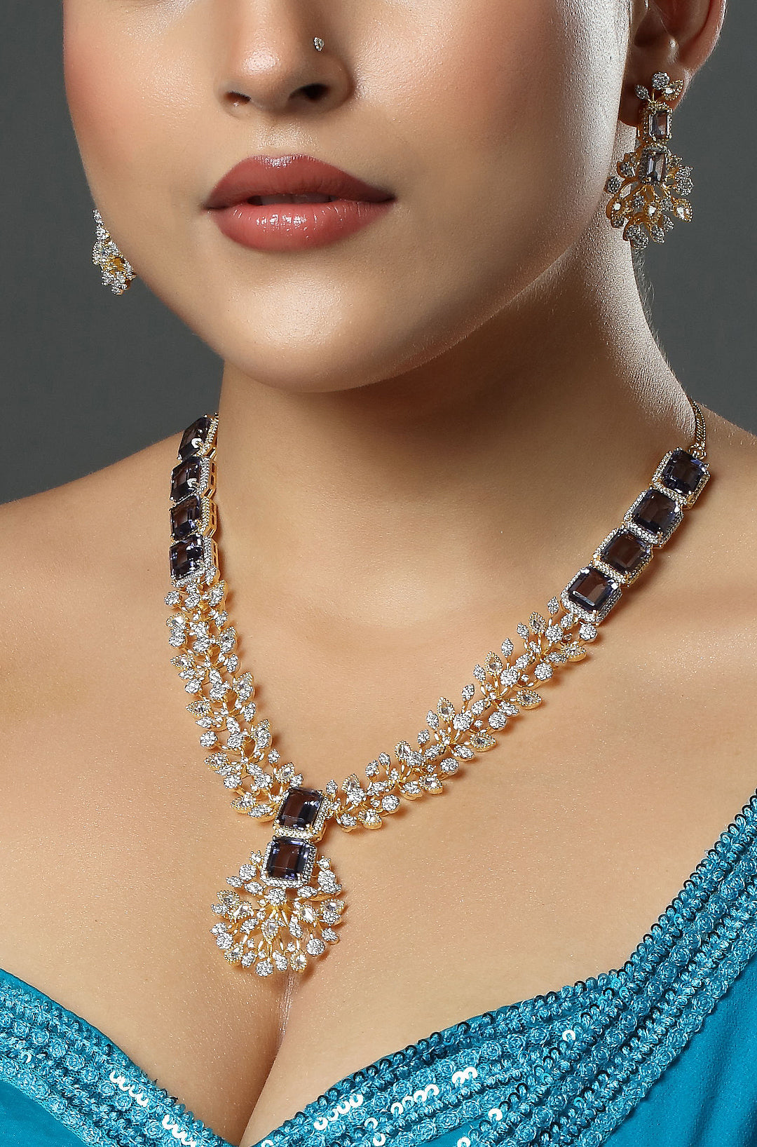 Gold Finish Zircon & Purple Stone Necklace