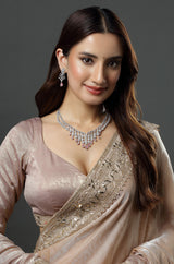 Pink Stone AD Silver Polish Neckline Short Necklace
